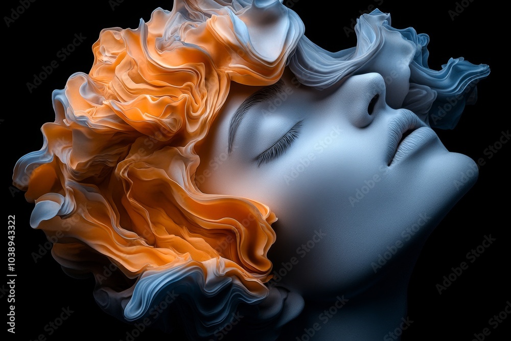 Poster 3D digital rendering of a face, with different parts of the face shifting and morphing into abstract shapes, illustrating the fluidity of subjective identity
