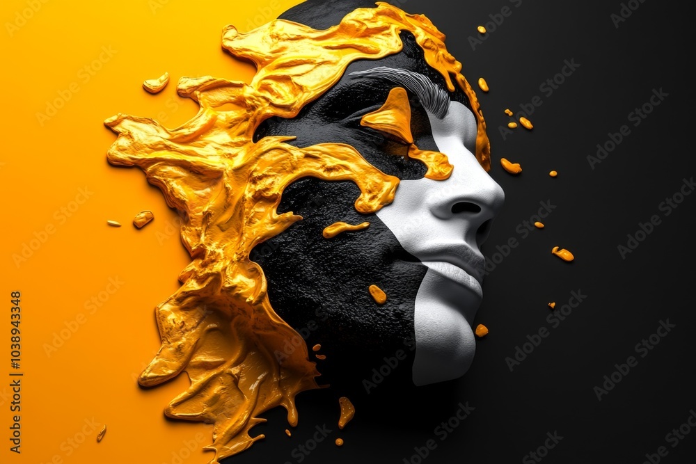 Aufkleber 3D digital rendering of a face, with different parts of the face shifting and morphing into abstract shapes, illustrating the fluidity of subjective identity
