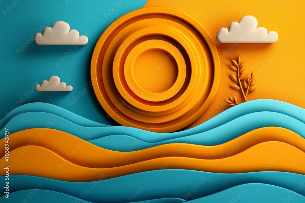 Poster abstract geometric landscape in minimalist style, with simple shapes and bold contrasting colors