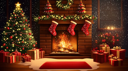 A cozy fireplace with stockings hung and a decorated Christmas tree, Christmas tree, vector style