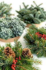 Still life of Christmas wreaths with pinecones, berries, and succulents for holiday decoration inspiration