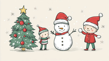 Children building a snowman with a Christmas tree in the background, Christmas tree, vector style