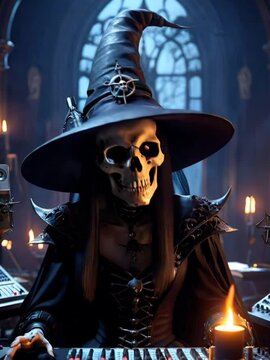 Halloween themed spooky video of skull witch with hat is sitting in dark gothic recording studio with sound equipment in the background 