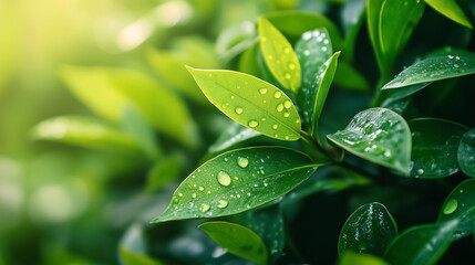 A close-up of a dewdrop on a green leaf, with a soft-focus background, Natural, modern style