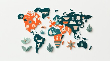 World map with diverse cultural symbols, representing global humanity, flat design illustration
