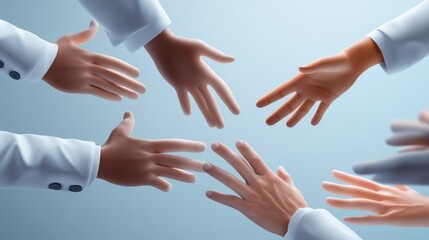 Diverse hands reaching out symbolizing collaboration, connection, and teamwork in a professional environment.