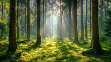 Obraz premium A serene forest with tall pine trees and sunlight streaming through the branches, Natural, modern style