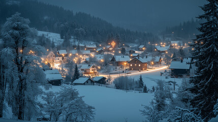 A snow-covered village at night with glowing Christmas lights on houses and trees, Christmas, copy space