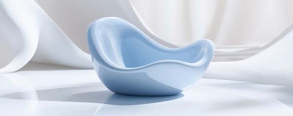 Elegant blue ceramic bowl with a smooth, modern design resting on a reflective surface against a soft, draped background.