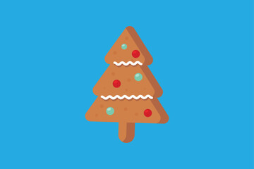 A festive gingerbread cookie shaped like a Christmas tree is decorated with red and green candy dots and white icing