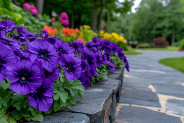 Aubrieta in full bloom along the edge of a stone walkway, its vibrant flowers adding life to the path
