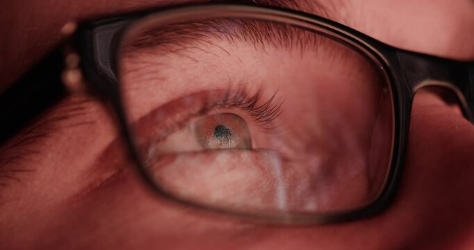 Hopeful Man Eye as Fireworks Reflection Explode on Glasses Shine Festive Celebration Evening Holiday Joy Victory Success Concept UHD 4K