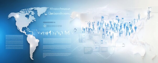 Fototapeta premium Global connectivity and digital engagement are depicted in this abstract representation of a modern world map and people icons.