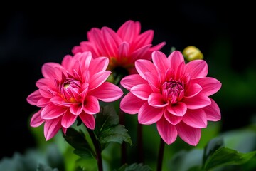 Obraz premium Dahlia blooms in a cottage garden, their bold colors creating a striking contrast with the surrounding greenery