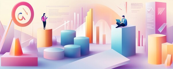 Obraz premium Modern digital marketing illustration showing data analysis, growth charts, and professional figures on abstract geometric shapes.