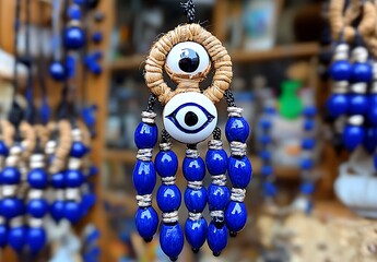 Obraz premium A row of blue evil eye nazar amulets beads hanging on jute ropes in the store. Oriental Turkish blue pendant decorative nazar amulets for home with an eye against the evil eye, the eye of Fatima