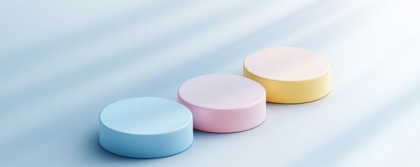 Pastel colored circular objects arranged in a playful manner against a soft blue background, creating a serene and minimalist aesthetic.