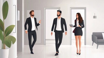 Naklejka premium Professional business people in a modern office, engaging in conversation while walking through a contemporary workspace.