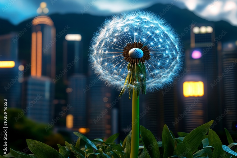 Poster dandelion seeds drifting through a futuristic cyberpunk city, illuminated by neon lights and glowing