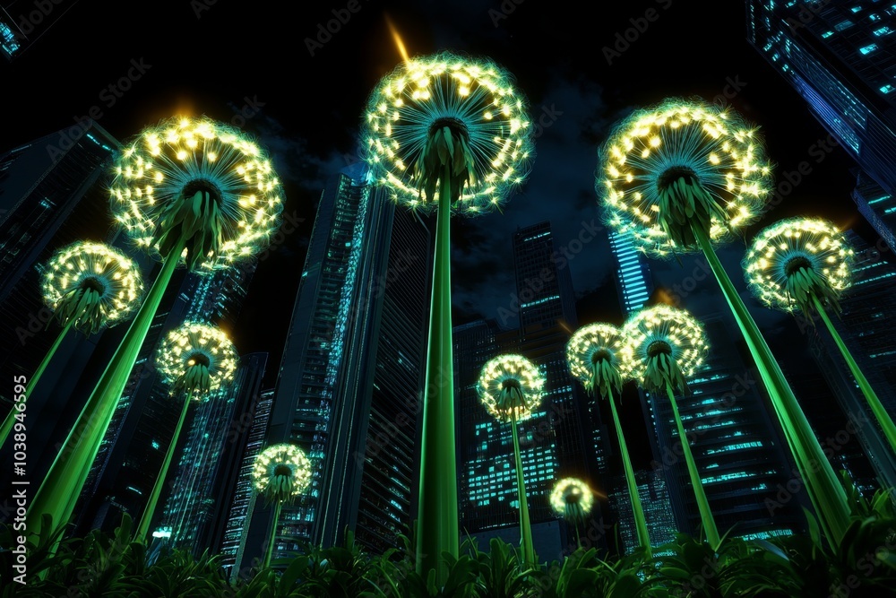 Poster dandelion seeds drifting through a futuristic cyberpunk city, illuminated by neon lights and glowing
