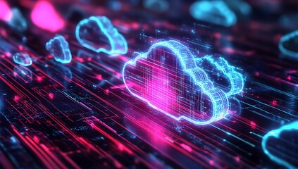 Neon light cloud computing futuristic technology. A glowing cloud symbol formed of data in a network of digital lines. A futuristic data center with neon lights and cloud computing network concepts.