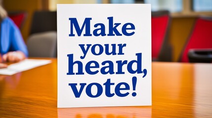 Vote sign encouraging civic engagement, white background.