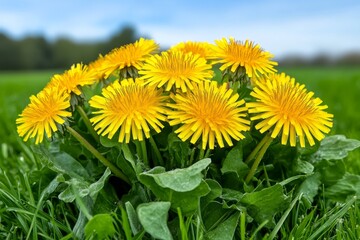 Dandelions covering a grassy field, their yellow heads bright and cheerful under the summer sun