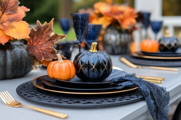 Dark autumn leaves and pumpkins decorating a shadowy Thanksgiving table, with gothic details like lace and deep purple accents