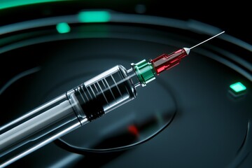 Digital 3D syringe floating against a clean, futuristic background, with highly detailed shading and reflections