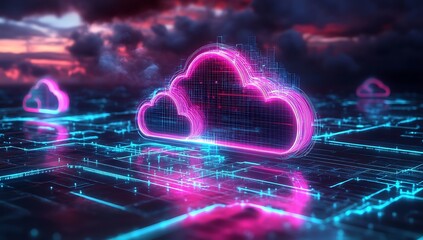 Obraz premium Neon light cloud computing futuristic technology. A glowing cloud symbol formed of data in a network of digital lines. A futuristic data center with neon lights and cloud computing network concepts.