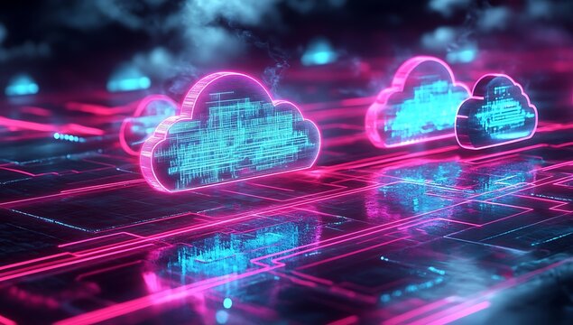 Neon light cloud computing futuristic technology. A glowing cloud symbol formed of data in a network of digital lines. A futuristic data center with neon lights and cloud computing network concepts.
