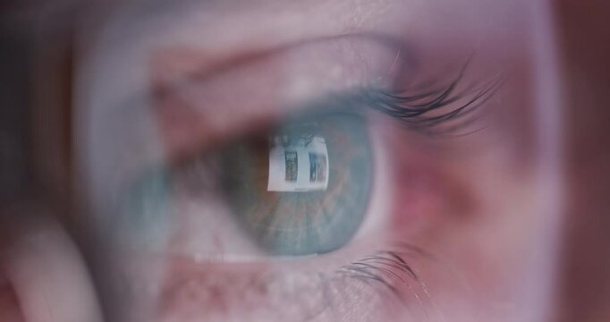 Macro View Of Young Man'S Eyes Glasses Web Surfing Scrolling Down Phone Internet Addiction Ar Vr