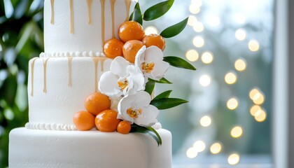 Wedding cake topped with ginger-flavored decorations and honey drizzle, showcasing a sweet and personalized design