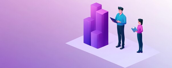 Two individuals analyzing growth data with purple bar charts, representing business progress and success in a modern setting.