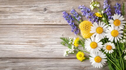 Fototapeta premium Wedding centerpiece featuring a bouquet of wildflowers and a honeycomb candle, emphasizing natural and rustic elegance