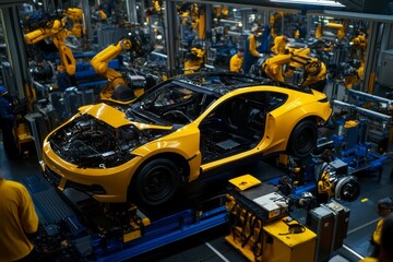 Fototapeta premium Futuristic factory with AI-controlled robots, holographic interfaces, and self-assembling machines, representing the future of industrial technology