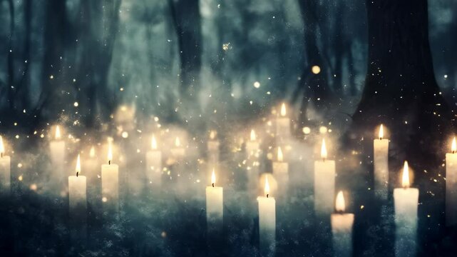 Burning magic candles in forest for witch ritual or celebrating pagan holiday. Mysterious fairy scene. Samhain sabbat, Mabon, Halloween, All hallows eve. Witchcraft, esoteric spiritual practice