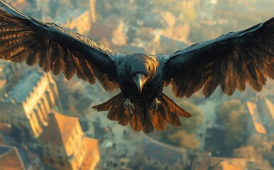 A raven soars over a medieval town during the golden hour of sunset