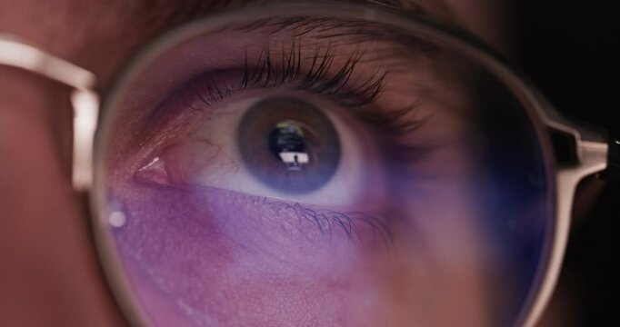 Macro View Of Young Man'S Eyes Glasses Online Shopping Watching Web Content Fake News Metaverse