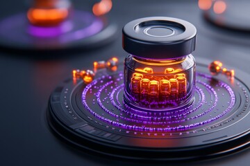 Holographic vaccine vials glowing in a futuristic lab, with high-tech instruments monitoring each dose