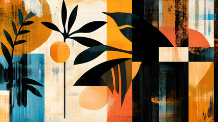 Abstract Graphics Fusing Subtle Tropical Motifs with Rich Neutral Brown Bases for Depth and Interest