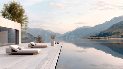 A clean, minimalist lakeside scene with neutral-toned lounge chairs, a light wooden deck, and soft reflections of the mountains on the water.