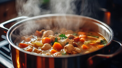 A Comforting Pot of Simmering Mushroom Chicken Soup Infused with Vibrant Vegetables and Fragrant Herbs