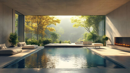 Modern Home With Indoor Pool And Fireplace Illustration