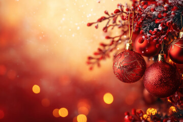 Obraz premium Christmas balls hang from a tree adorned with red and gold ornaments.