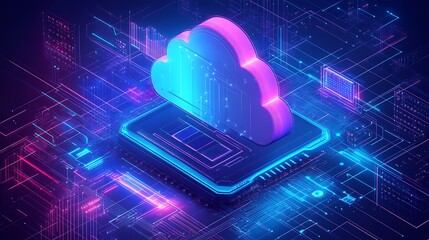 Computer chip with cloud connected to network of digital nodes, symbolizing integrated services. Blue and pink background of the future world. A computer screen with a cloud on it.
