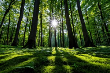 Lush forest with sunlight streaming through tall trees, casting shadows on a carpet of moss and ferns