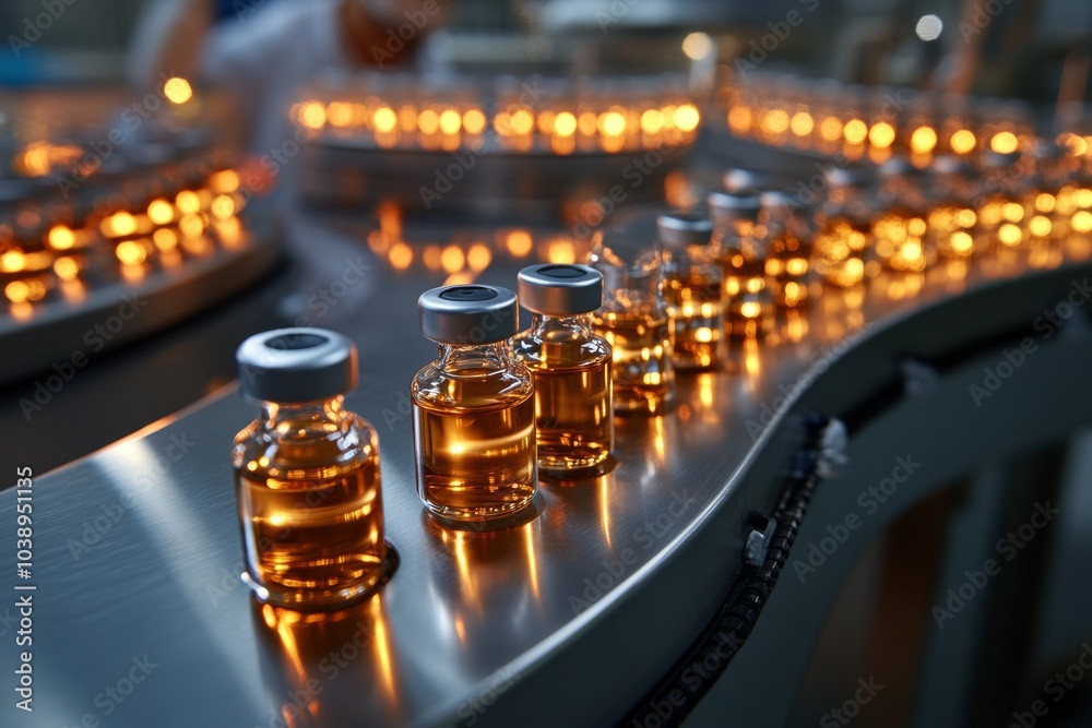 Poster medical lab with rows of vaccine vials and scientists in protective gear working behind the scenes