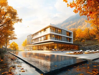 A modern house in the middle of a lake surrounded by trees - Powered by Adobe