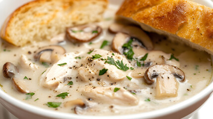 Creamy Mushroom Chicken Soup Served with Fresh Herbs and a Slice of Artisanal Bread